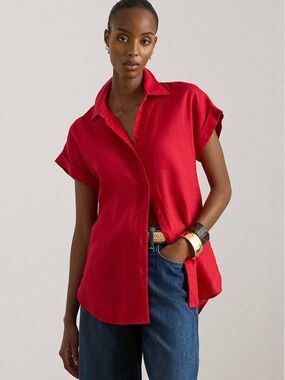 Lauren Ralph Lauren NWT❗️Linen Bright Red Short-Sleeve Button-Down Shirt